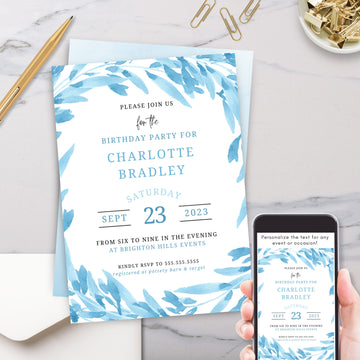 elegant blue watercolor special event or birhtday party invitation